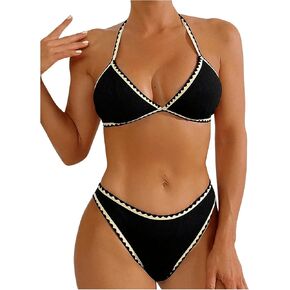 Milumia Women's Colorblock 2 Pcs Bikini Set Contrast Binding Triangle Halter Swimsuits