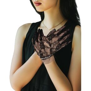 CURASA Short Lace Gloves For Women Girls Black Elegant Tea Party Gloves With Pearls 1920s Bridal Floral Decorative Opera Costume Accessories Courtesy Dressy For Wedding Party Prom Cosplay Formal