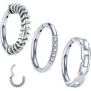 3 Pcs Nose Rings Hoops for Women 316L Surgical Steel Opal Septum Rings 16G Hinged Nose Piercings Jewelry Cartilage Earring Helix Rook Tragus Daith 8mm