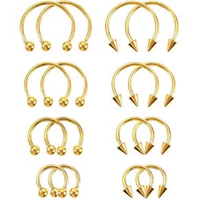 16 Pcs Gold Septum Rings, Stainless Steel Nose Ring/Horseshoe Rings/Nose/Ear/Lip Piercing, 6-12mm Horseshoe & Ball Closure Ring for Women Men
