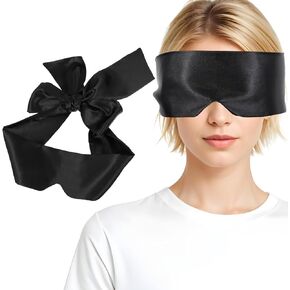 Black Satin Sleep Mask, Silk Satin Blindfold Comfortable Eye Mask Sleep Mask Soft Adjustable Blackout Eye Cover Silk Sleeping Mask Shade for Night Sleeping Valentine's Day Gift(145cm/57inch)