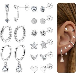 9 Pairs Flat Back Stud Earrings for Women Stainless Steel Helix Cartilage Stacks Hoop Stud Earring Sets for Multiple Piercing 18K Gold Plated Flat Back Earrings