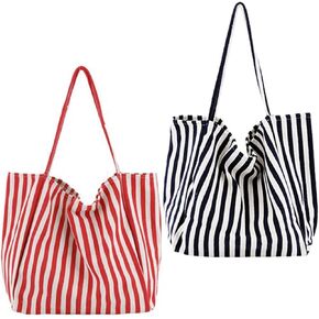 2 Pcs Lightweight Soft Casual Striped Canvas Shopping Tote Bags with Inner Pocket