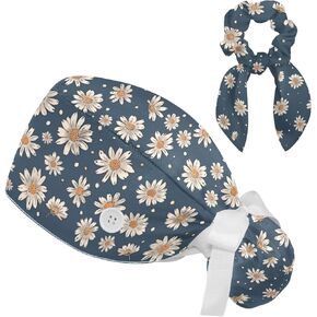 Scrub Caps Women with Button,Adjustable Surgical Caps with Ponytail Pouch,Flower Daisy Dots Seamless Pattern Working Cap with Bow