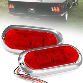 6'' Oval Trailer Tail Lights Red 3-function Strobe+High/Low Lighting LED Brake Stop Turn Running Marker Lights Surface Mount Waterproof for Truck Pickup Bus Pickup, 2Pcs w/Chrome Bezels