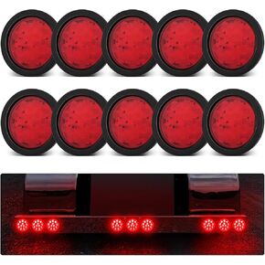10PCS 4 Inch Round LED Trailer Tail Lights, 4" Red 12 LED IP67 Waterproof Led Stop Turn Brake Tail Lights, Sealed Rubber Grommet Flush Mount with 3 Prong Wire Pigtails for 12V Trucks Trailers RV Boats