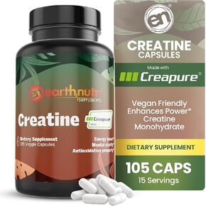 كبسولة الكرياتين المصنوعة من كرياتين Creapure® الألماني الصنع، نباتي، معتمد من الشريعة اليهودية وحلال، 5000 مجم لكل حصة - 105 كبسولات (7 كبسولات لكل حصة)