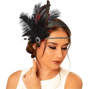 Formery 1920s Flapper Feather Beadband Crystal Great Gatsby Headpiece Women's Roaring 20 Barty Barty (Red & Black)