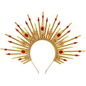 Eioi & Lmnm Baroque Sunburst Zip Tie Halo Crown Headpiece, Ruby Rhinestone Lace Flower Gold Spike Tiara, Queen Mary Halo Headwear for Wedding Prom Photoshoot