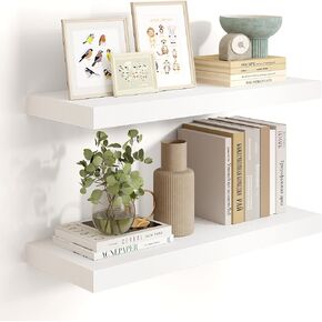24 inch Floating Shelves for Wall,9.3 inch deep White Wood Shelves with Invisible Brackets,Wall Mounted Storage & Display Shelves for Bedroom,Living Room,Set of 2