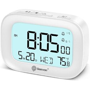 Geevon Small Travel Alarm Clock, Digital Alarm Clocks for Bedrooms Home Office, Battery Operated Desk Clock with 3 Inch Large Display, 2 Alarms, 5s Backlight, Snooze, Indoor Temperature, White