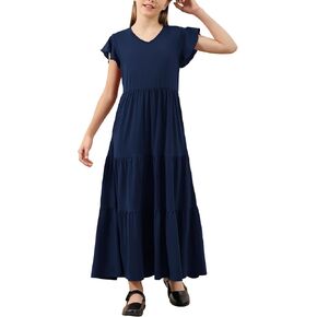 GORLYA Girls Flutter Sleeve V Neck Modest Casual Holiday Ruffle Tiered Hem Long Maxi Dress 6-16Y