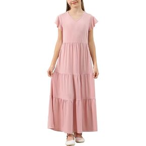 GORLYA Girls Flutter Sleeve V Neck Modest Casual Holiday Ruffle Tiered Hem Long Maxi Dress 6-16Y in Kuwait