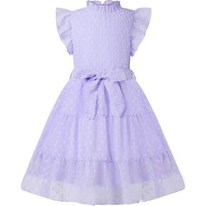 Girls Summer Dress Swiss Dots Ruffle Flutter Sleeve A-Line Sundress Flowy Pleated Dress for 5-13Y
