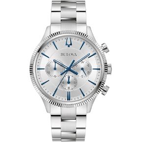 Bulova Men's Classic 6-Hand Chronograph Quartz Silver Stainless Steel Watch, 24 Hour Time, Luminous Hands, 43mm, Style:96A321