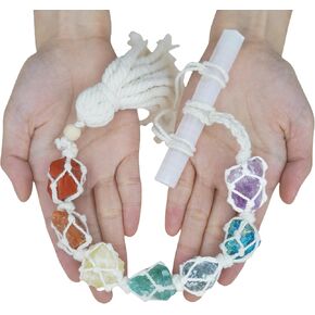 Selenite Crystal Hanging Chakra Wall Decor, Handmade Large 7 Healing Natural Stones, Spiritual Good Luck Ornament for Yoga Meditation Accessories Reiki Anxiety Relief, Gift for Women and Kids