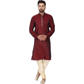 SKAVIJ Men's Tunic Jacquard Silk Kurta Pajama Indian Traditional Suit Wedding Party Dress Set
