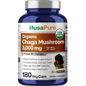 NusaPure Chaga Mushroom 20:1 Extract, 150 mg Equivalent to 3,000mg per Veggie Capsule, 180 Count, USDA Organic, Vegan, Non-GMO