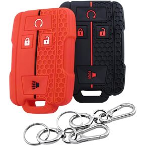 2Pcs 4 Buttons Silicone Smart Key Fob Cover for 2014-2019 GMC Canyon Sierra Yukon Chevrolet Chevy Colorado Silverado Suburban Tahoe (Black with Red/White)