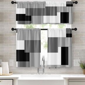Black Grey Kitchen Window Curtains Valance and Tier Set 36 Inch, Dark Grey White Modern Rod Pocket Short Tier Curtain for Bathroom, Abstract Small Cafe Drapes for Kitchen Decor