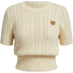 Verdusa Women's Cable Knit Pullovers Round Neck Short Sleeve Sweater Top