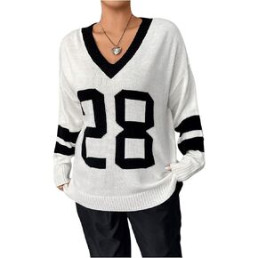 Verdusa Women's Plus Size Letter Print Pullover Sweaters V Neck Long Sleeve Oversized Top
