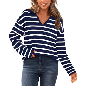 Zenlonr Women's Casual Striped Sweater 2024 Fall Winter Long Sleeve V Neck Knit Pullover Jumper Tops
