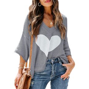 Ermonn Womens Cute Heart Sweater V Neck Crochet Knit Off Shoulder 3/4 Sleeve Pullover Tops Shirts