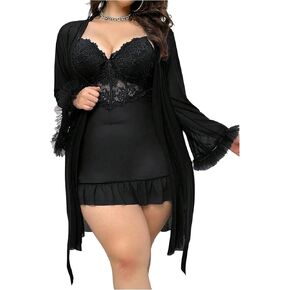 OYOANGLE Women's Plus Size 2 Piece Lace Sheer Chemise Nightgown with Long Sleeve Robe Set Nightwear