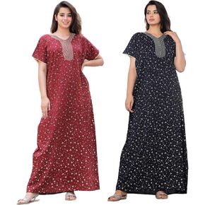 Mik & Misha Women's Cotton Printed Nighty Night Gown Combo Maxi Free Size M-XXL (Pack of 2)