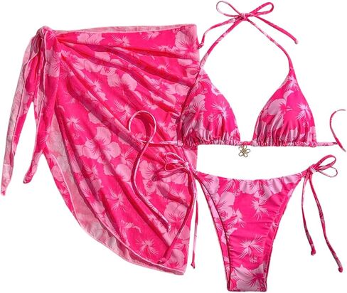 Verdusa Women's 3 Piece Floral Halter Triangle Bikini Set Tie Back Swimsuit with Cover Up Skirt in Kuwait