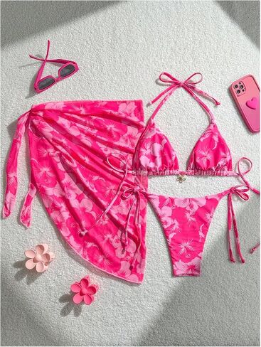 Verdusa Women's 3 Piece Floral Halter Triangle Bikini Set Tie Back Swimsuit with Cover Up Skirt in Kuwait