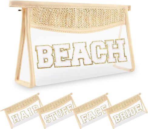 Small Boho Straw Clear Beach Makeup Bags for Women&Girls, Zipper Cosmetic Bag Chenille Varsity Letter Patch Bag, Preppy Cute Toiletry Pouch, Trendy Organizer Storage Bag for Beach Travel Essentials in Saudi Arabia