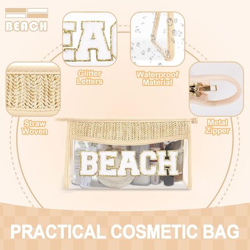 Small Boho Straw Clear Beach Makeup Bags for Women&Girls, Zipper Cosmetic Bag Chenille Varsity Letter Patch Bag, Preppy Cute Toiletry Pouch, Trendy Organizer Storage Bag for Beach Travel Essentials in Saudi Arabia