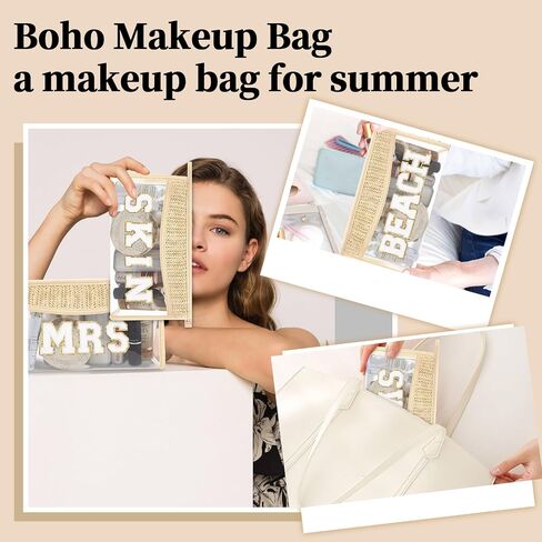 Small Boho Straw Clear Beach Makeup Bags for Women&Girls, Zipper Cosmetic Bag Chenille Varsity Letter Patch Bag, Preppy Cute Toiletry Pouch, Trendy Organizer Storage Bag for Beach Travel Essentials in Saudi Arabia