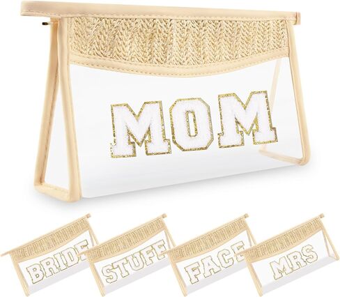 Small Boho Straw Clear Beach Makeup Bags for Women&Girls, Zipper Cosmetic Bag Chenille Varsity Letter Patch Bag, Preppy Cute Toiletry Pouch, Trendy Organizer Storage Bag for Beach Travel Essentials in Saudi Arabia