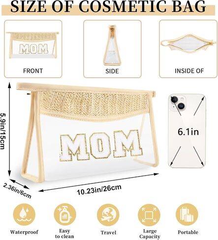 Small Boho Straw Clear Beach Makeup Bags for Women&Girls, Zipper Cosmetic Bag Chenille Varsity Letter Patch Bag, Preppy Cute Toiletry Pouch, Trendy Organizer Storage Bag for Beach Travel Essentials in Saudi Arabia