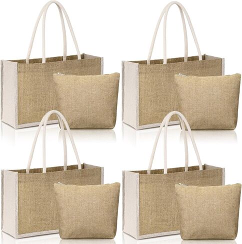 Sweetude 4 Set Jute Burlap Tote Bag with Canvas Makeup Pouch Reusable DIY Craft Blank Gift Bags for Wedding Bridesmaid(Beige) in Saudi Arabia