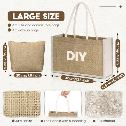 Sweetude 4 Set Jute Burlap Tote Bag with Canvas Makeup Pouch Reusable DIY Craft Blank Gift Bags for Wedding Bridesmaid(Beige) in Saudi Arabia