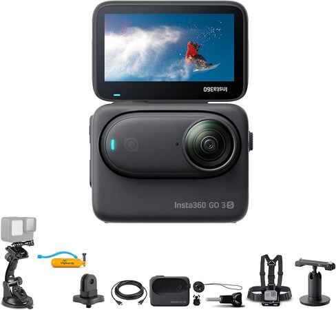 كاميرا Insta360 GO 3S (أسود) صغيرة الحجم سعة 64 جيجابايت بدقة 4K، محمولة، يمكن تركيبها في أي مكان، مقاومة للماء، ثبات، منظور شخصي بدون استخدام اليدين، حامل عمل وإكسسوارات يمكن ارتداؤها + مجموعة ملحقات 50 في 1 in Kuwait
