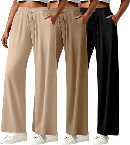 Neer 3 Pack Women's Drawstring Pants Casual Wide Leg Lounge Pants Yoga Sweatpants Loose Summer Comfy Palazzo with Pockets in Saudi Arabia