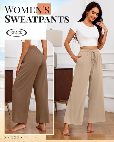 Neer 3 Pack Women's Drawstring Pants Casual Wide Leg Lounge Pants Yoga Sweatpants Loose Summer Comfy Palazzo with Pockets in Saudi Arabia