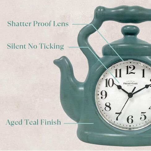 Presentime & Co. 11" Teapot Clock, Silent Non Ticking, Modern Farmhouse Style, Wall & Mantel 2 in 1 Clock, Desk & Shelf, Aged Teal Finish (Wall Deocration/Home Decoration/Tabletop Décor) in Kuwait