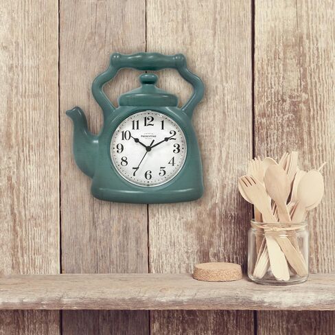 Presentime & Co. 11" Teapot Clock, Silent Non Ticking, Modern Farmhouse Style, Wall & Mantel 2 in 1 Clock, Desk & Shelf, Aged Teal Finish (Wall Deocration/Home Decoration/Tabletop Décor) in Kuwait