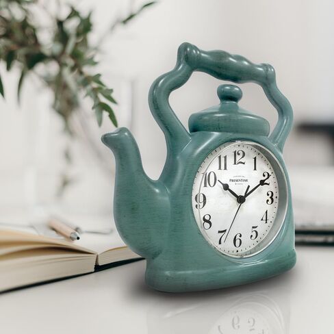 Presentime & Co. 11" Teapot Clock, Silent Non Ticking, Modern Farmhouse Style, Wall & Mantel 2 in 1 Clock, Desk & Shelf, Aged Teal Finish (Wall Deocration/Home Decoration/Tabletop Décor) in Kuwait