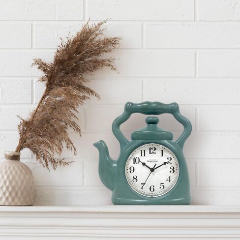 Presentime & Co. 11" Teapot Clock, Silent Non Ticking, Modern Farmhouse Style, Wall & Mantel 2 in 1 Clock, Desk & Shelf, Aged Teal Finish (Wall Deocration/Home Decoration/Tabletop Décor) in Kuwait