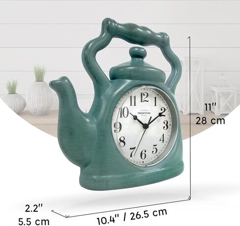 Presentime & Co. 11" Teapot Clock, Silent Non Ticking, Modern Farmhouse Style, Wall & Mantel 2 in 1 Clock, Desk & Shelf, Aged Teal Finish (Wall Deocration/Home Decoration/Tabletop Décor) in Kuwait
