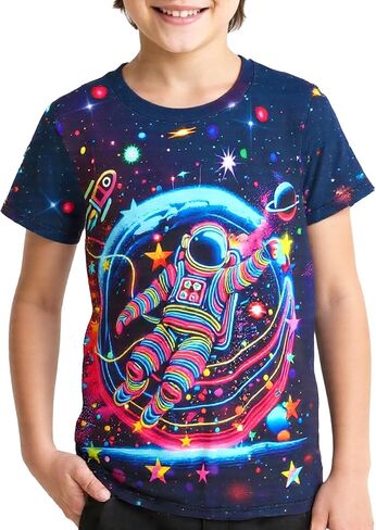 Astronaut Neon Shirts for Boys 5-14 Years, Crew Neck 3D Short Sleeve Fashion T-Shirts for Kids Graphic Tees in Saudi Arabia
