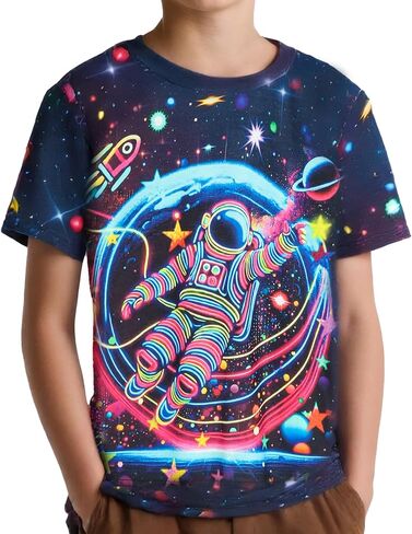 Astronaut Neon Shirts for Boys 5-14 Years, Crew Neck 3D Short Sleeve Fashion T-Shirts for Kids Graphic Tees in Saudi Arabia