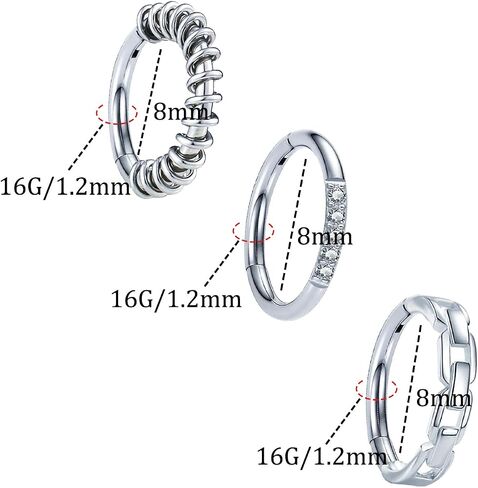 3 Pcs Nose Rings Hoops for Women 316L Surgical Steel Opal Septum Rings 16G Hinged Nose Piercings Jewelry Cartilage Earring Helix Rook Tragus Daith 8mm in Saudi Arabia